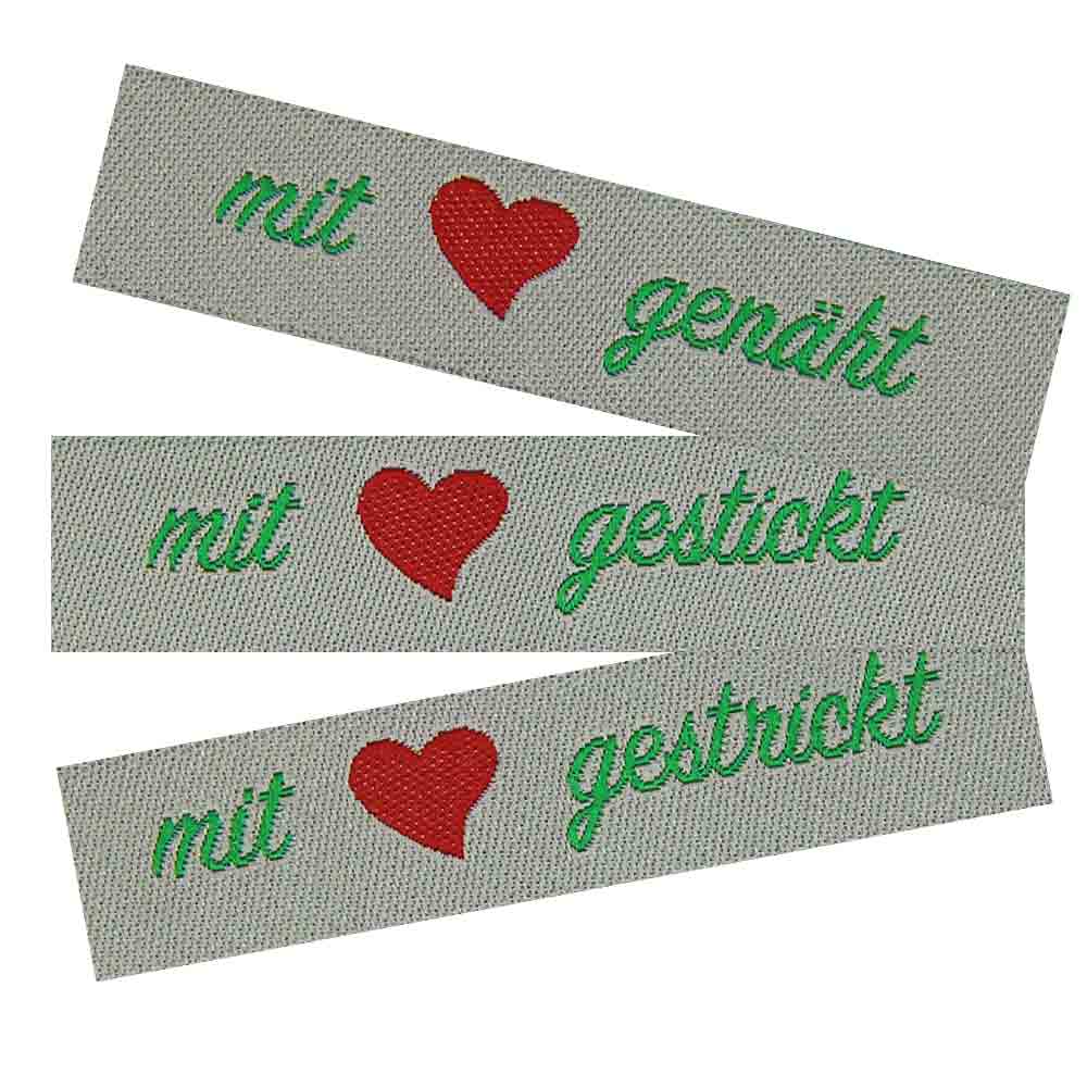 Étiquette textile „mit Liebe genäht, gestrickt, gestickt“